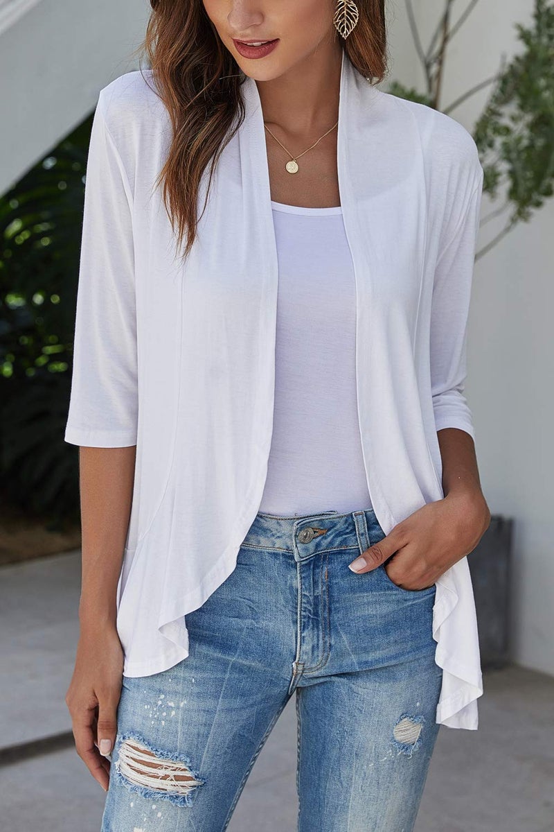 Bluetime Women Casual Lightweight Open Front Cardigans Soft Draped Ruffles 3/4 Sleeve Cardigan (S, White) - Image 2